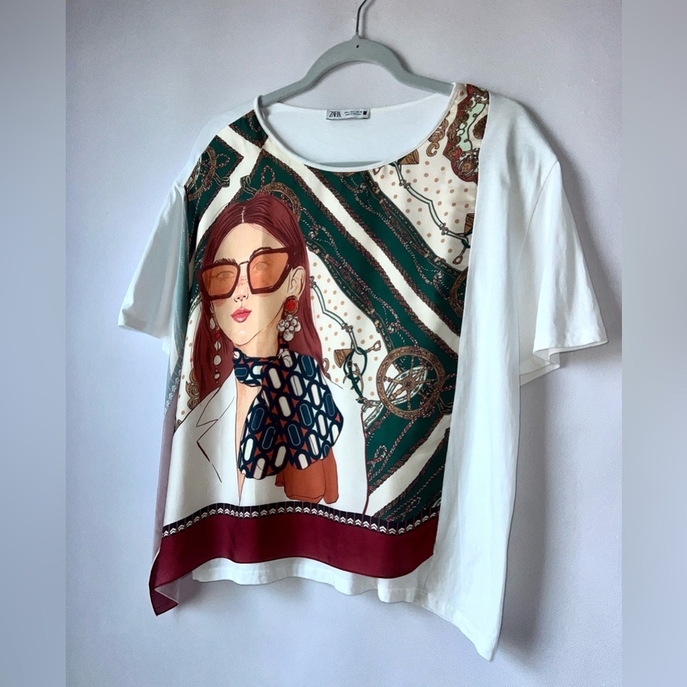 Zara‎ Original White Short Sleeve Scarf-Print Tee Large - Picture 3 of 9